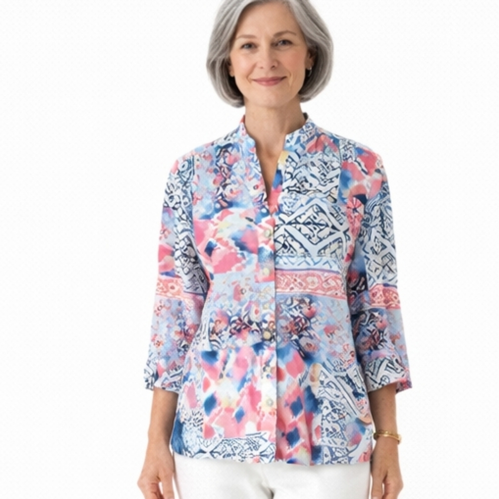 ALFRED DUNNER Size 8P Colorful Floral Tribal Print 100%‎ Cotton Button Up Blouse